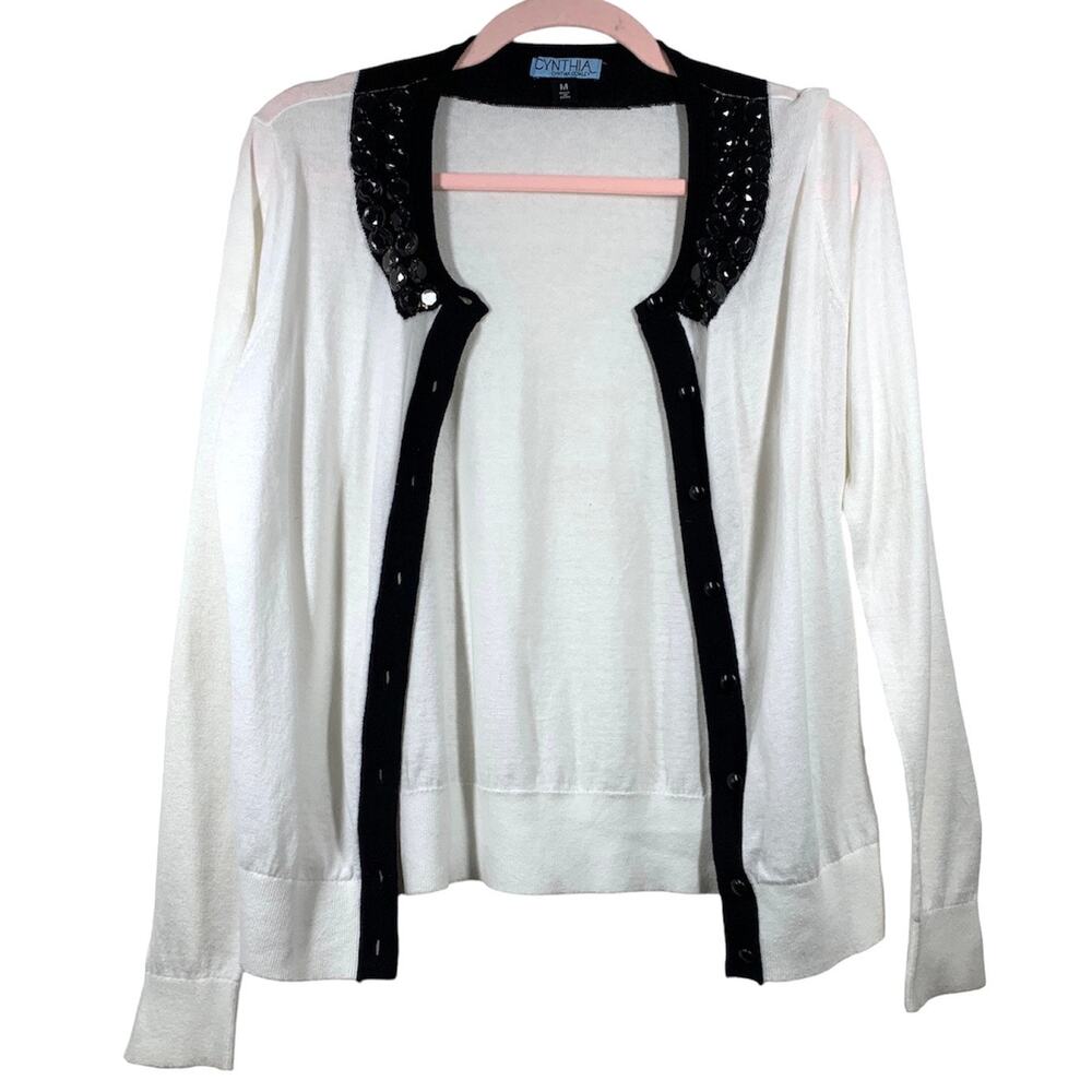 CYNTHIA ROWLEY White Black Beaded Button Down Cardigan Medium